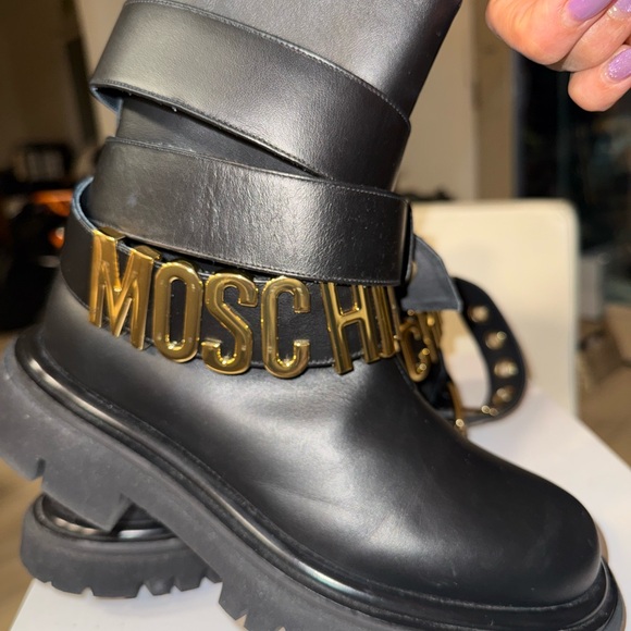 Moschino Black Moto Boots with Gold Accents - Picture 4 of 8